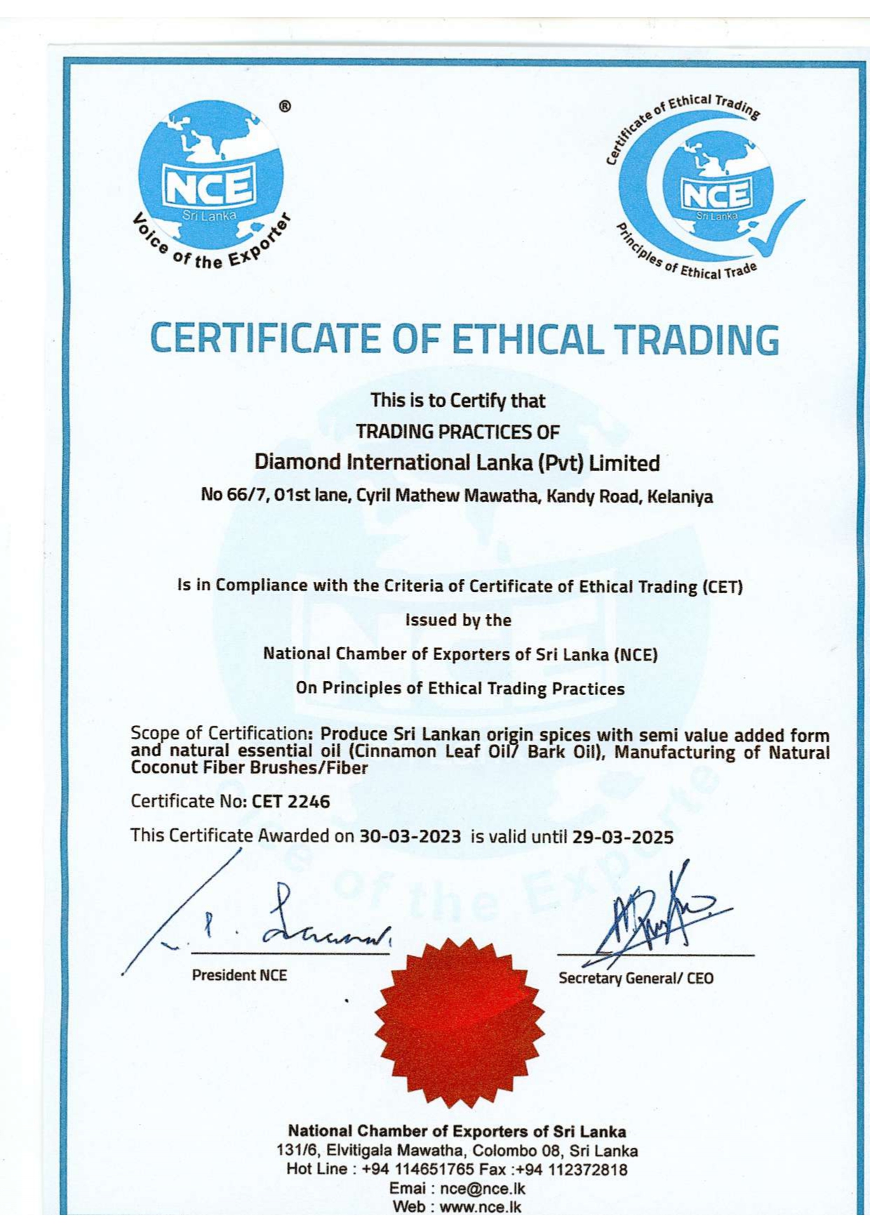 Certificate of Ethical Trading